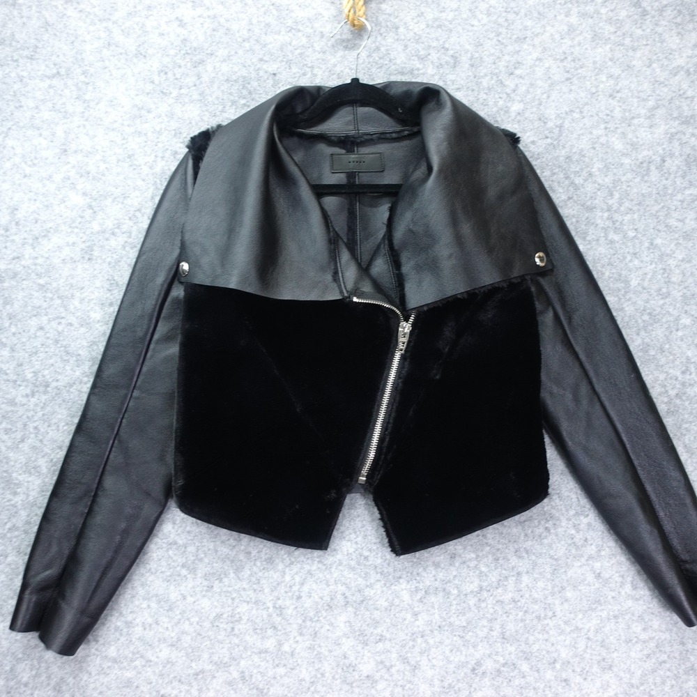 BlankNYC Crop Moto Jacket Womens S Black Faux Fur Leather Snap Collar Zip Cozy